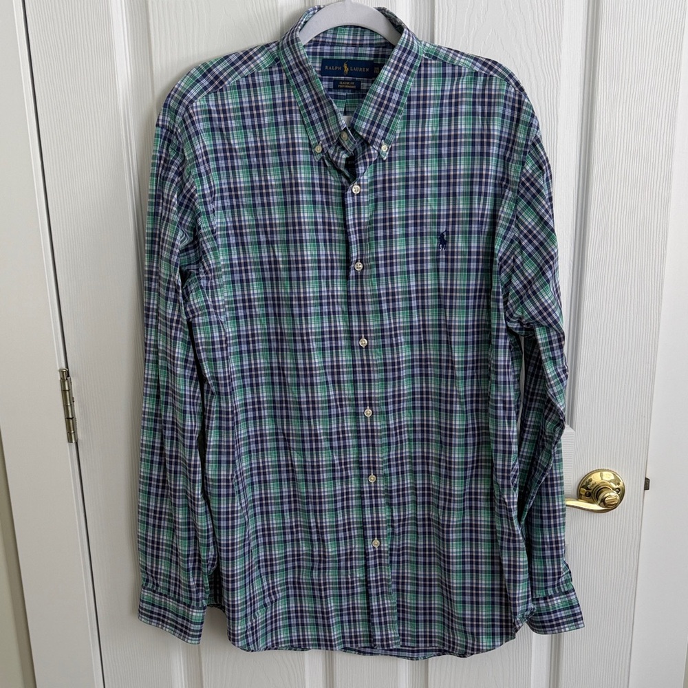 Ralph Lauren Men's Blue and Green Checkered Shirt